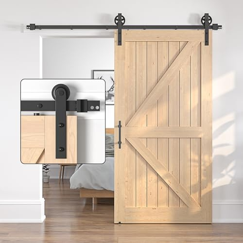 SANKEYTEW 7.5FT/229CM Sliding Door Kit,Single Wood Barn Door Sliding Kit,Heavy Duty Sliding Barn Door Kit,Black Sliding Door Track -Large Wheel