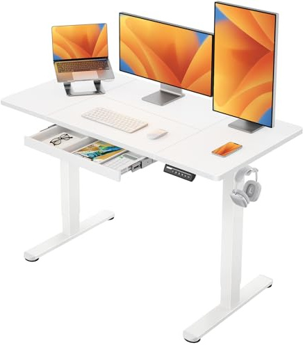 ErGear Electric Standing Desk 120 x 60 cm, Height Adjustable Desk, Sit Stand Table with Easy-Glide Drawer & 4 Memory Smart Pannal, T-Leg Design for Stability, Splice Board, White Frame & Surface