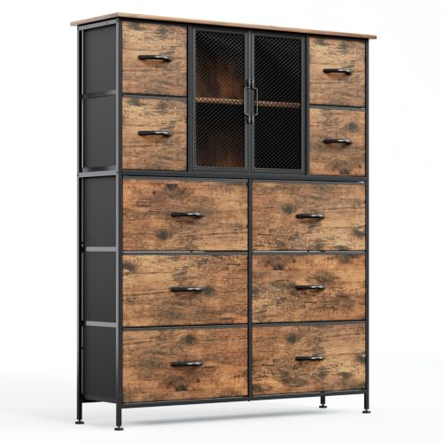 VERMESS Tall 10 Drawers Dresser with Mesh Doors, Fabric Chest of Drawers for Bedroom, Sturdy Metal Frame Storage Cabinet with Adjustable Feet, Rustic Brown