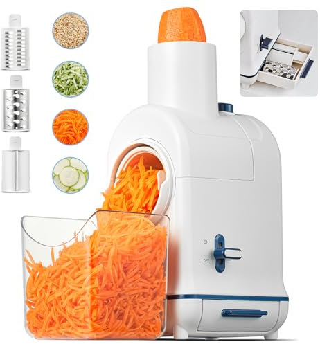 Gemüseschneider Elektrisch, Aobosi käsereibe elektrisch und gemüsehobel elektrisch mit großem Einfüllschacht zum ganzer Karotten, Kartoffeln, 3 Einsätze und leisem Motor,Aufbewahrungsbox-Upgrade