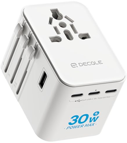 decqle Adaptateur Prise Universelle, Adaptateur Voyage International avec 3 Ports USB-C(30W) ＆ 2 USB-A, Concerner France vers USA, UK, EU, AU ＆ 224+ Pays (Blanc)