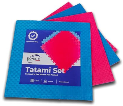 DONATIF Gymnastikmatte Tatami – Puzzle-Teppich 4 Pack 100 x 100 x 2 cm – Bodenbelag aus EVA – Fitnes-Matte – Bodenbelag gegen Rauma (Rot/Blau)