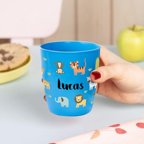 Wanapix | Kunststoffbecher mit Namen für Kinder | Unzerbrechlicher Trinkbecher Personalisierter | Schule/Kindergarten| BPA freier | 300 ml | Tiere-Dschungel