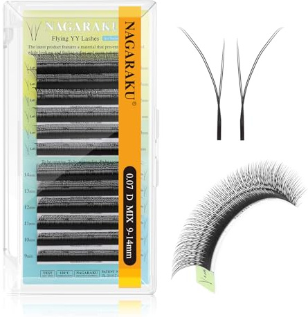 NAGARAKU Flying YY Eyelash Extensions 0.07mm D Curl 9-14mm Black 4D Lash | Elongate eye tails with elegant flared lift Flat root Lightweight Soft fiber Stable curl Fluffy natural eye look