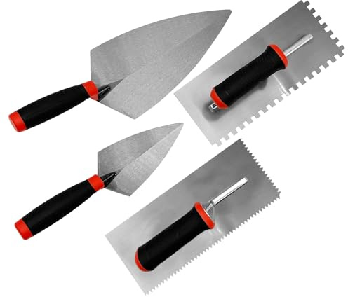 Hubaow 4 Pieces Concrete Tools, High Carbon Steel Masonry Trowel Set Includes Notched Trowels & Brick Trowels with Soft Grip Handle, Drywall Plastering Finishing Hand Tool Kit