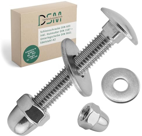 DSM – Tornillos M5 x 50 mm según DIN 603 – Tuerca sombrera M5 DIN 1587 y arandela DIN 9021 – Acero inoxidable A2/V2A – Rosca completa – Tornillos de cabeza redonda plana con cuello cuadrado – 25