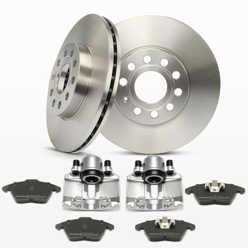 Frankberg 2x Bremssattel + 2x Bremsscheiben + 4x Bremsbeläge Vorderachse Kompatibel mit A3 8P1 Golf V 1K1 T.o.u.r.a.n 1T1 1T2 J.e.t.t.a III 1K2 Replace# 1K0698151