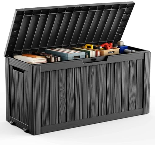DRATO 75 Gallon Deck Box, Waterproof Resin Large Outdoor Storgae Box for Patio Furniture, Patio Cushions, Gardening Tools, Pool and Sports Supplies, Lockable,Black