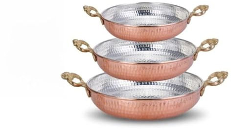 OWOHYG Kupferpfanne zum Kochen von Eieromeletts, traditionelle türkische Fritteuse mit Messinggriffen (weiße Früchte, Pfirsich, 5, 3-teiliges Set)