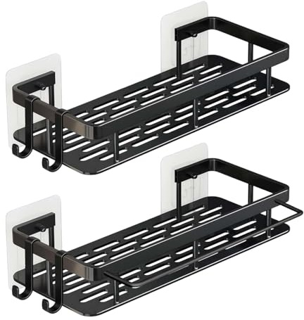 Gemdoit Duschablage ohne Bohren - 2 Stück Badezimmer Organizer mit 4 Mobiler Haken, Aluminiumlegierung leicht und langlebig für Bad, Küche und Toilette (Schwarz)