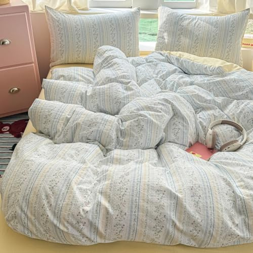 Michorinee Floral Duvet Cover Set Double Blue White Striped Bedding Set