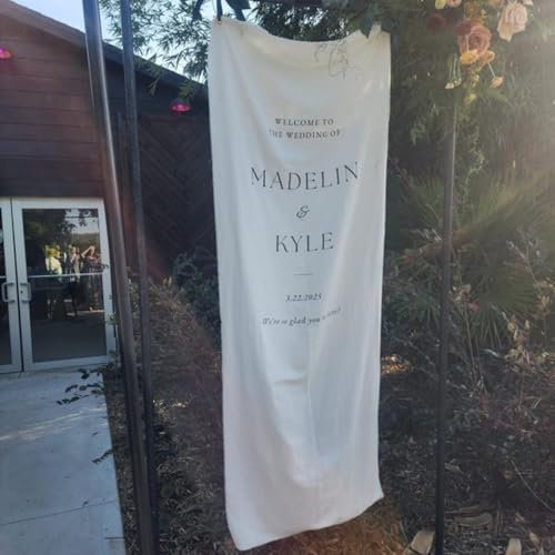 Panneau de bienvenue en lin personnalisé avec noms et date, panneau commémoratif de bienvenue pour cérémonie extérieure (60 x 200 cm)