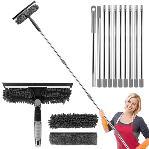 Window Cleaning Kit - 2 in1 Telescopic Window Squeegee Cleaning Equipment with 10 Extension Pole, 4.25m Long Reach Window Cleaner Brush Tool with Spare Microfiber Cloth Squeegee Strips (Gray)