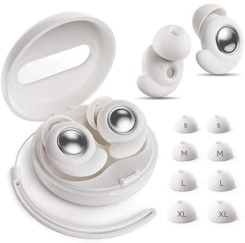 Ear Plugs for Sleep – 45dB Noise Cancelling Silicone Earplugs for Sleeping, Hearing Protection,Working & Travel – 8 Ear Tips in 4 Sizes S/M/L/XL (White)