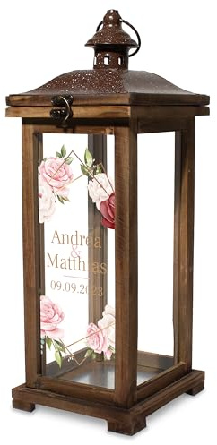 True Statements Personalisierte Holzlaterne Hochzeit – 42 cm Holz Laterne mit Namen & Blumenrahmen