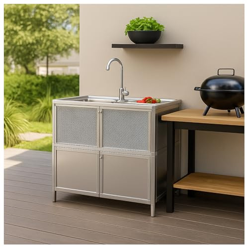 HTI Living Spüle mit Abtropfläche und Unterschrank für Outdoorküche aus Aluminium Silber für Garten und Camping mit Edelstahl-Armatur 83 cm