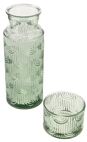Sosoport Embossed Glass Water Carafe Set With Tumbler For Bedside Use Glass Pitcher With Lid Decorative Juice And Cold Water Jug For Home And Dining