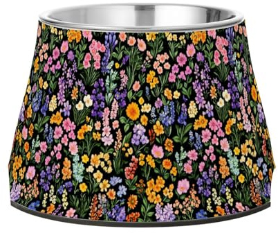 Flowers Orchid Lavender Hosta Black Bowl for Pets Elevated Stainless Steel Raised Cat Bowls for Slow Feed Cats Whisker Relief