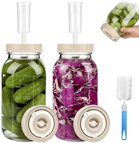 Snovire Fermentierglas 2 Stück 2L, Kimchi Behälter mit Luftschleuse & Datumsanzeige, Breiter Mund Fermentiergläser, Perfekt für die Gärung für Kimchi, Sauerkraut, Sauerteig Starter, Sauerteigstarter