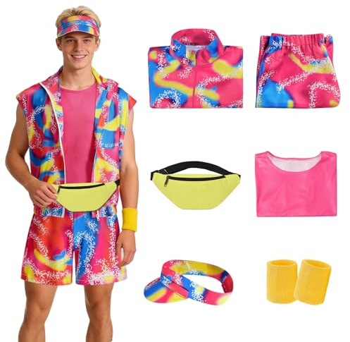 80er Jahre Outfit Kompatibel mit Ken Kostüm Herren , Herren 90er Jahre Workout Kostüm, bad taste outfit herren Accessoires Set mit Bauchtasche Sonnenblenden Hut Handgelenkbänder für Karneval Cosplay