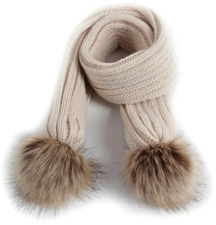 JJDFW - Sciarpa invernale da bambina, in finta pelliccia, con pompon in tinta unita, lavorata a maglia, scaldacollo per bambini, Beige, Taglia unica