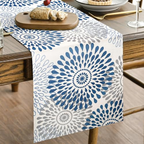 Camino de Mesa Azul Gris Centros Decorativos de Mesa Dalia Moderno Camino de Mesa Rustico Verano para Vacaciones Eventos Comedor Cenas Boda Fiestas Familiares Decoracion Mesa Dulce 33x183 cm