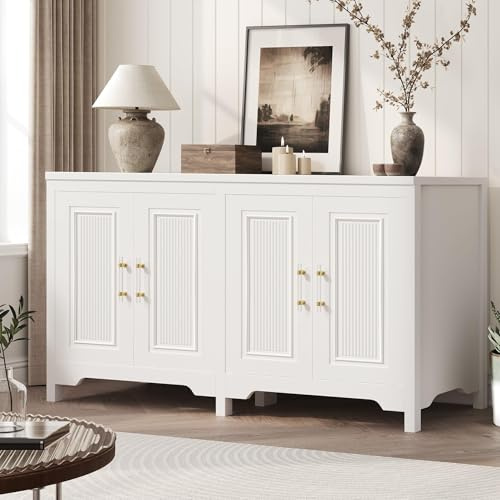Jocoevol 55'' Buffet Cabinet with Storage, Modern Fluted Door Design Sideboard Buffet Cabinet with Storage and Adjustable Shelf, Coffee Bar Station for Kitchen, Dining Room, Pure White