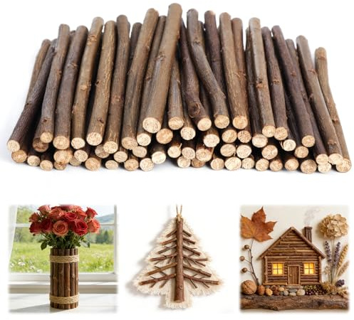60 Stück Holzstäbe zum Basteln, Holzstäbchen zum Basteln mit Baumrinde | Rund Holzstab, Holz zum Basteln für Bastelarbeiten, DIY Heimdekoration, Modellbau
