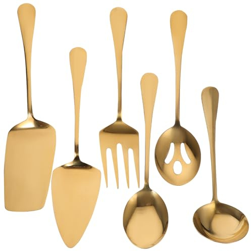 ARTIBETTER Cubiertos de Metal Dorados para Servir Cucharas para Porciones y Tenedores, Juego de Utensilios Reutilizables para Cocina y Cenas