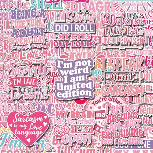 Pink Funny Sarcastic Stickers 100 Pcs - 50 Styles Sarcastic Aesthetic Stickers for Adults Teens, Waterproof Vinyl Decals for Water Bottles, Laptop, Scrapbook
