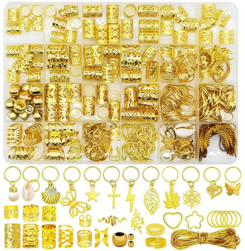 Nymora Gold Haarschmuck Set – 300 Stück Haaraccessoires für Zöpfe, Dreadlocks und Flechten