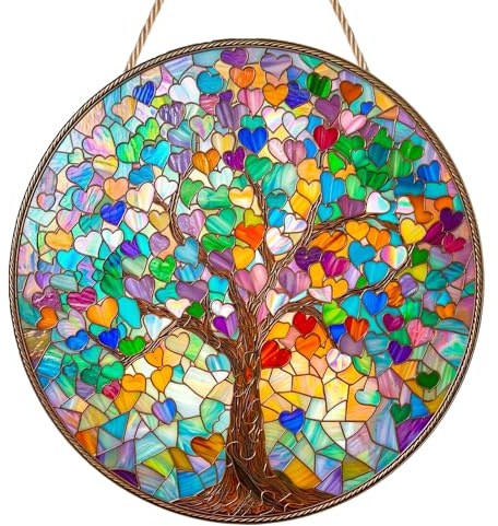 Tree of Life Suncatchers for Windows, Stained Glass Sun Catchers for Windows, Acrylic Heart Tree Sun Catchers with Cord, Window Hanging Decor for Home, Garden, Patio & Fence