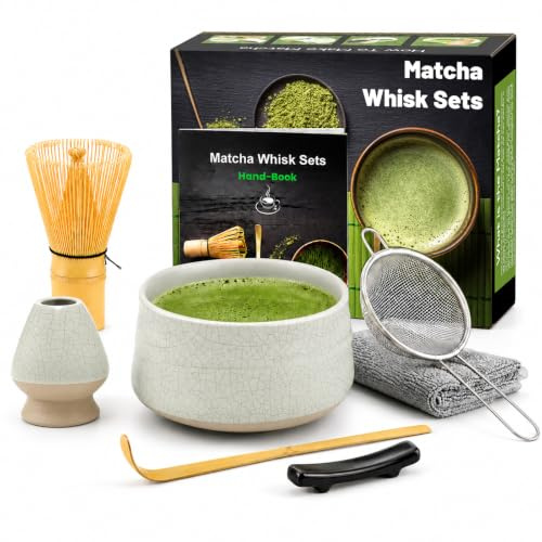 7 Piece Crackle Glaze Matcha Whisk Set, Grey Green Ceramic Bowl & Whisk Holder, Handcrafted Bamboo Whisk, Tea Scoop, Strainer, Scoop Rest & Absorbent Cloth, Japanese Tea Kit Gift for Matcha Lovers
