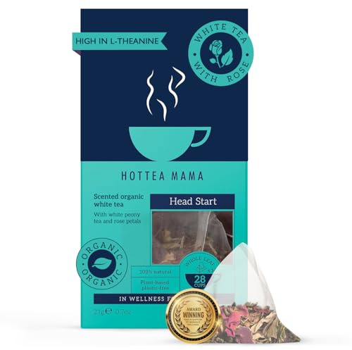 HOTTEA MAMA | Head Start | Beat The Caffeine Crash | Organic White Tea And Rose | 14 Whole Leaf Biodegradable Bags (28 Cups Of Tea)