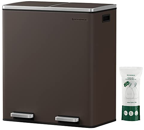 SONGMICS Trash Can, 2 x 8 Gallon (2 x 30 L) Garbage Can for Kitchen, with 15 Trash Bags, 2 Compartments, Plastic Inner Buckets and Hinged Lids, Airtight, Brown ULTB60BR