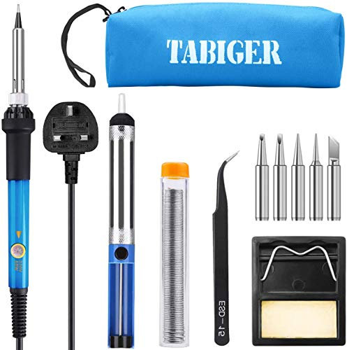 Tabiger Soldering Iron Kit - 60W Adjustable Temperature Welding Tool with 5 Soldering Tips, Stand, Desoldering Pump, Solder Wire, Tweezers and Carry Bag