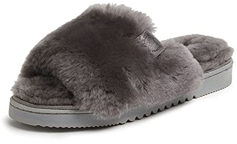 Dearfoams Pantoufle en peau de mouton avec bordure en daim métallique pour femme, Gris, 10
