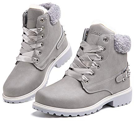 Hitmars Botte Femme Hiver Fourrure Bottines Neige Plates Snow Boots Chaudes Chaussures Montantes a Lacet Antidérapant Mode Gris-1 39 EU