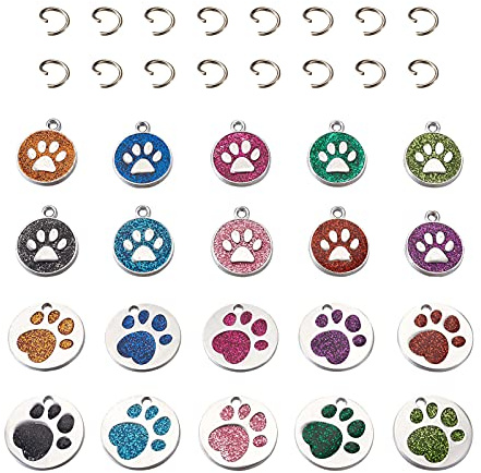 Craftdady 20pcs Emaille Tier Hund Pfote Drucke Chunk Charms 10 Farbe Glitter Pulver Welpe Kätzchen Fußabdruck Flache runde Anhänger für DIY Schmuck Herstellung Schlüsselanhänger Dekor
