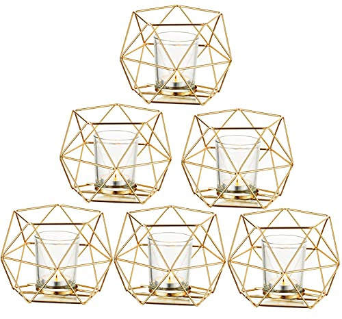 Romadedi Teelichthalter Metall Gold, Geometrisches 6er Set mit Gläser | Modern Windlicht für Teelichter und kleine Stumpenkerzen, für Tischdeko, Party, Hochzeit und Wohnzimmer Weihnachten
