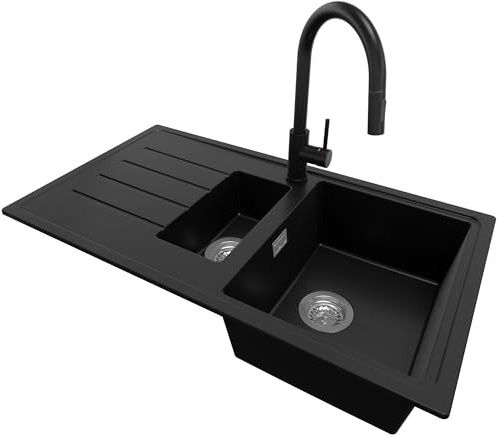 PRIMAGRAN Fregadero Granito al Mueble 60cm + Grifo, 90x50cm | Set: Grifo BW9010 + Kit de desagüe (sifón, válvula, rebosadero) + Copenhague Duo 1,5 Senos para Cocina, Negro