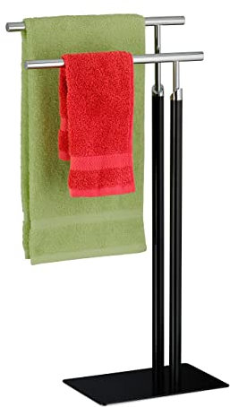 Relaxdays Handtuchhalter stehend, 2 Stangen, HxBxT: 78 x 44 x 20cm, Standhandtuchhalter fürs Bad, Stahl, schwarz/Silber