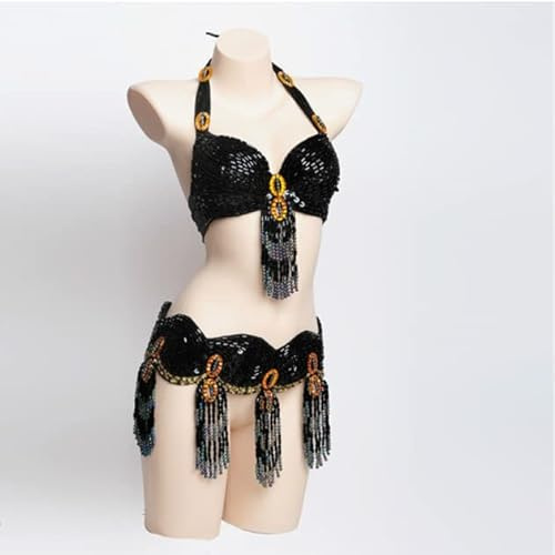 JRUIA Bauchtanz Kostümset Für Damen Professionelles Karnevals BH Und Gürtel Set Mit Perlenquaste Sexy Bauchtanz Kostüm Karneval BH Gürtel (2Stk)