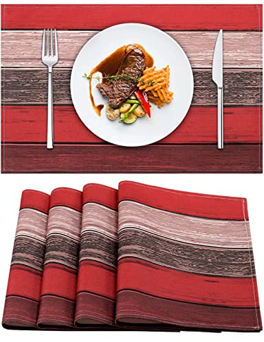 Weihnachten Tischsets Set von 4 Rot Tischset Leinen Esstisch Tischsets Farmhouse Tischset für Heimdekor Party Indoor Oudoor Esszimmer Holzmaserung Waschbare Platzsets 45 X 32 cm Esstischmatten（Rot）