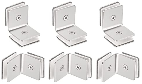 sourcing map 6 Stück Edelstahl 90 Grad Glasklemme für Duschtür Helle Silber | 90 Grad Doppelseite Quadratisch Rahmenlose Glas Ecke Klemme Clip, für 8-12mm Dicke