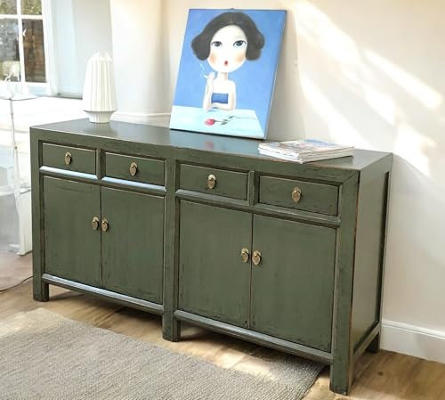 OPIUM OUTLET Chinesisches Sideboard Oliv-grün orientalische Kommode Anrichte Büffet Möbel Schrank asiatisch Hochzeitsschrank Vintage Antik-Stil Shabby Chic