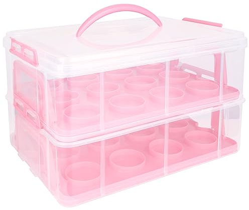VIDETOL Cupcake Carrier with Handle, 2 Tier Plastic Baking Cupcake Boxes, 24 Muffin Stackable Cake Caddy for Home Party and Travel Use, 36x26x23cm, Pink