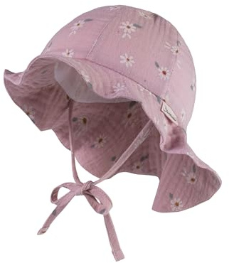 Sterntaler Sonnenhut Gänseblümchen Musselin mit Bindeband und Nackenschutz - Schirmmütze Baby gefüttert mit Batist (Bio) - Sonnenhut aus Baumwollmusselin mit Größenregulierungsband - samtrosa, 43