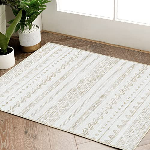 TOPICK Door mat 60x90cm Boho Small Rug Taupe Entrance Mat Washable Modern Geometric Print Dooramt Non Slip Lightweight Carpet for Kitchen Bathroom