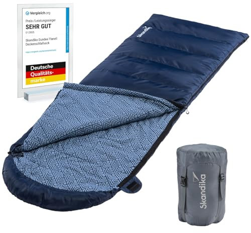 Skandika Deckenschlafsack Dundee Flanell | Baumwolle, Luxus-Qualität, koppelbar, Doppelschlafsack, 3 Jahreszeiten, bis -20°C, 220 x 80 cm/ 220 x 160 cm | Outdoor Camping Schlafsack (Indigo RV rechts)